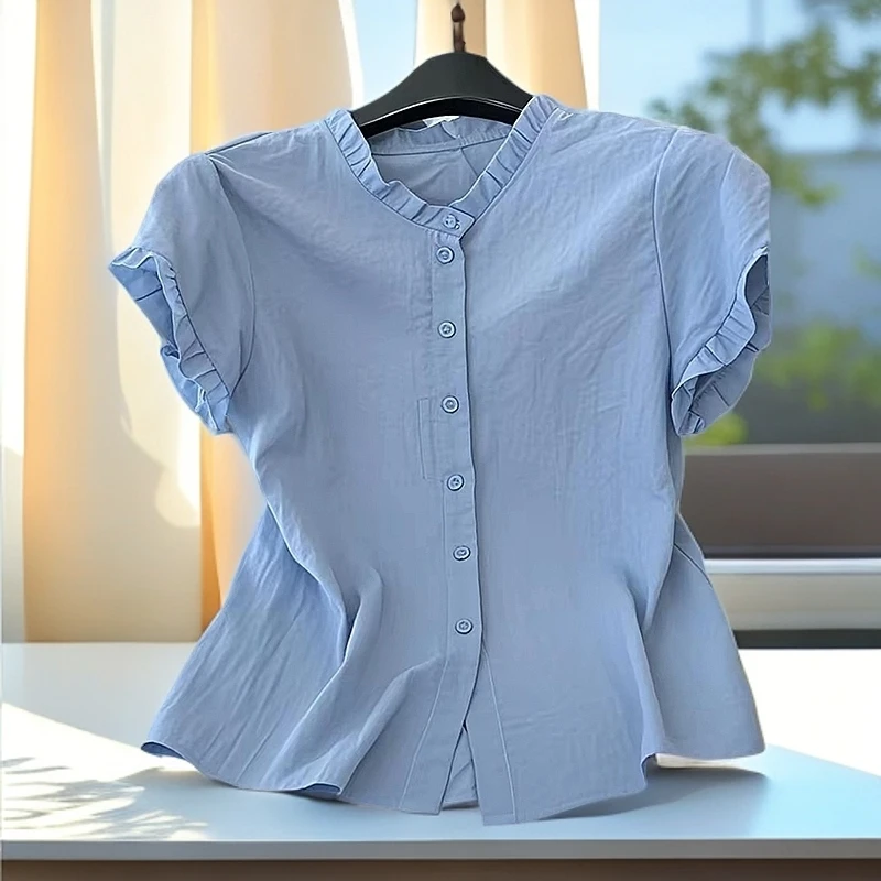 今年流行爆款多巴胺蓝色短袖衬衫2025夏季新款洋气小衫洋气上衣女