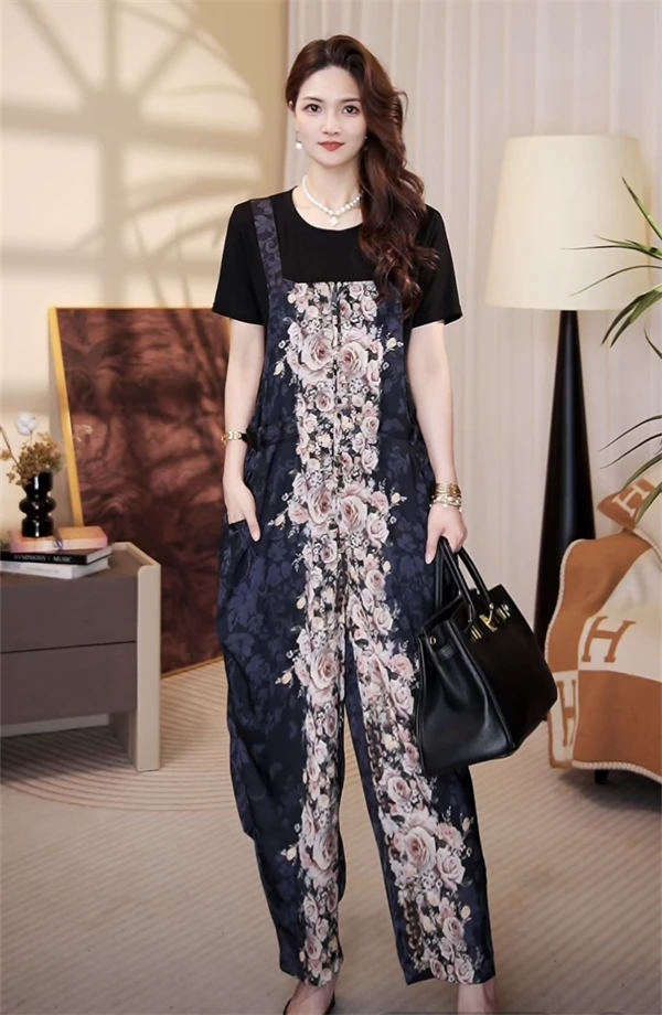 高端品质[花逻蓝]新款时尚洋气设计款休闲背带裤大码套装-1057#