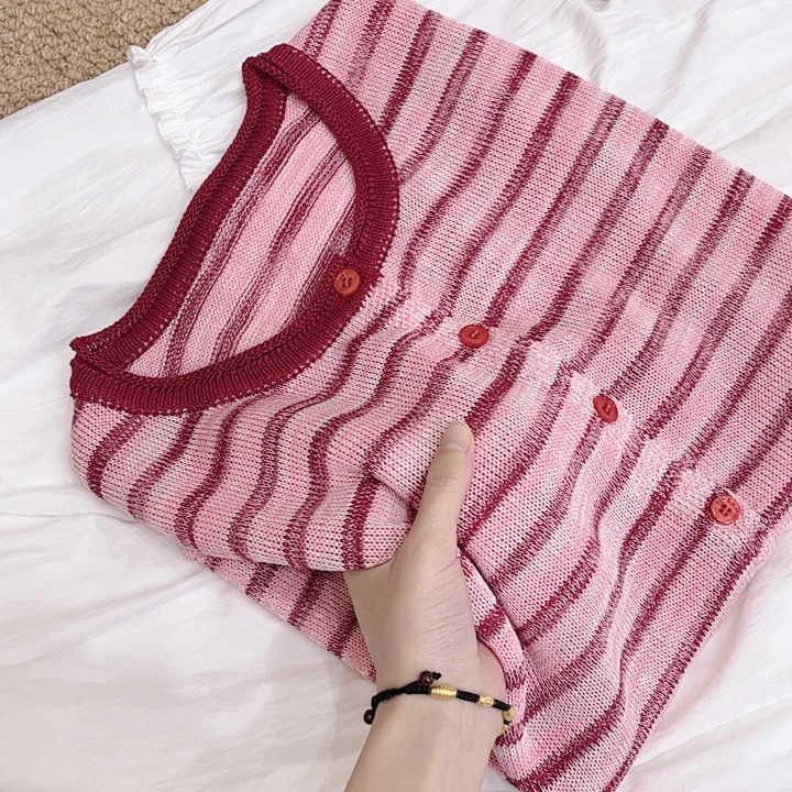 巨显白！【树莓】和纸纱撞色圆领条纹短袖针织开衫薄款外套 U77X16