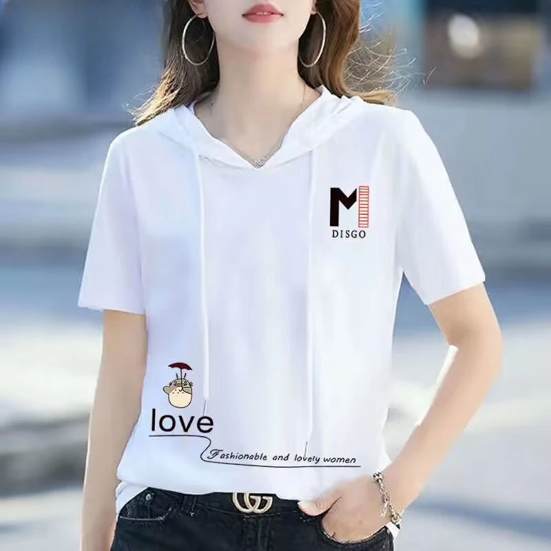 25年夏装新款宽松休闲上衣连帽卫衣潮棉短袖T恤女白色印花