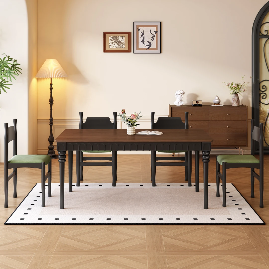 复古风实木餐桌椅组合法式小户型美式简约家用胡桃木色长方形方桌