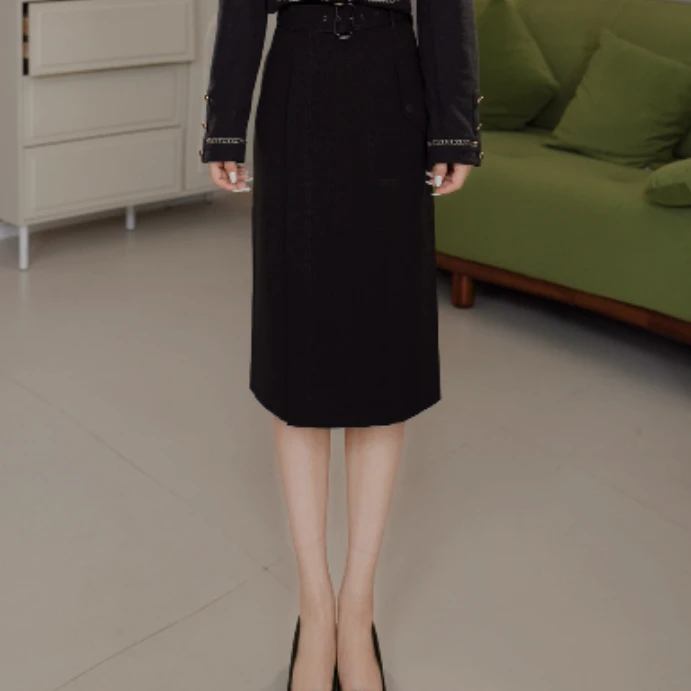 GIRDEAR/哥弟气质高腰侧优雅开叉纯色中长款包臀半身裙女1200315