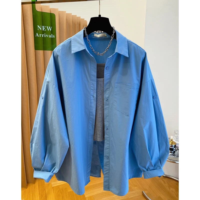 蓝色长袖衬衫加小吊带背心两件套上衣女2025新款宽松早秋氛围感