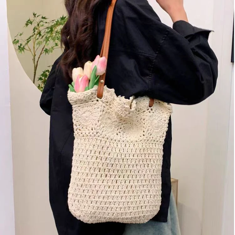 上口休闲小花编织包棉线单肩包新款大容量手工包包包夏天沙滩出行