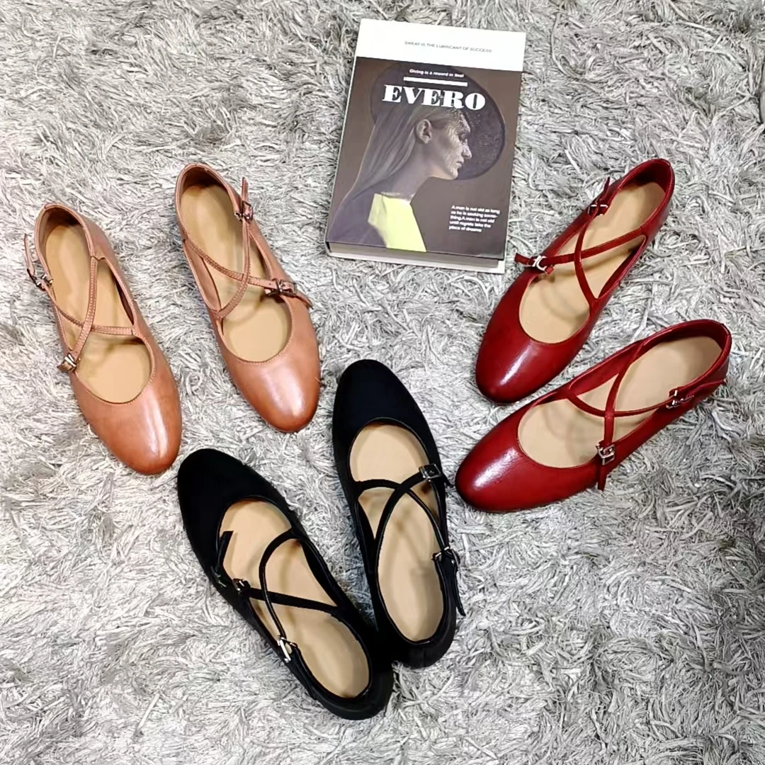 水洗马皮三色显瘦软弹交叉绑带芭蕾舞平底鞋玛丽珍单鞋女XD965-20