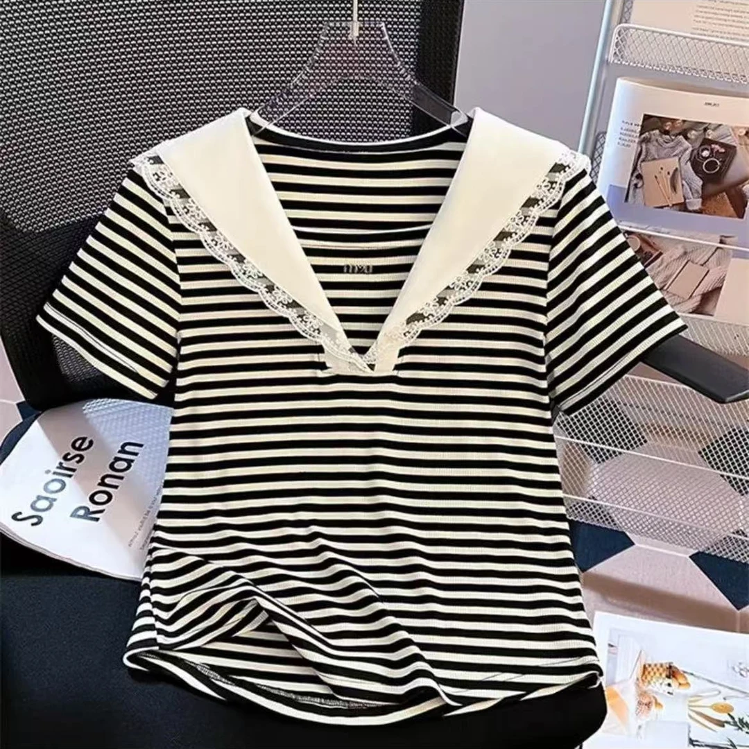 夏季新款时尚蕾丝拼接海军领条纹t恤显瘦短袖小衫上衣2509长54