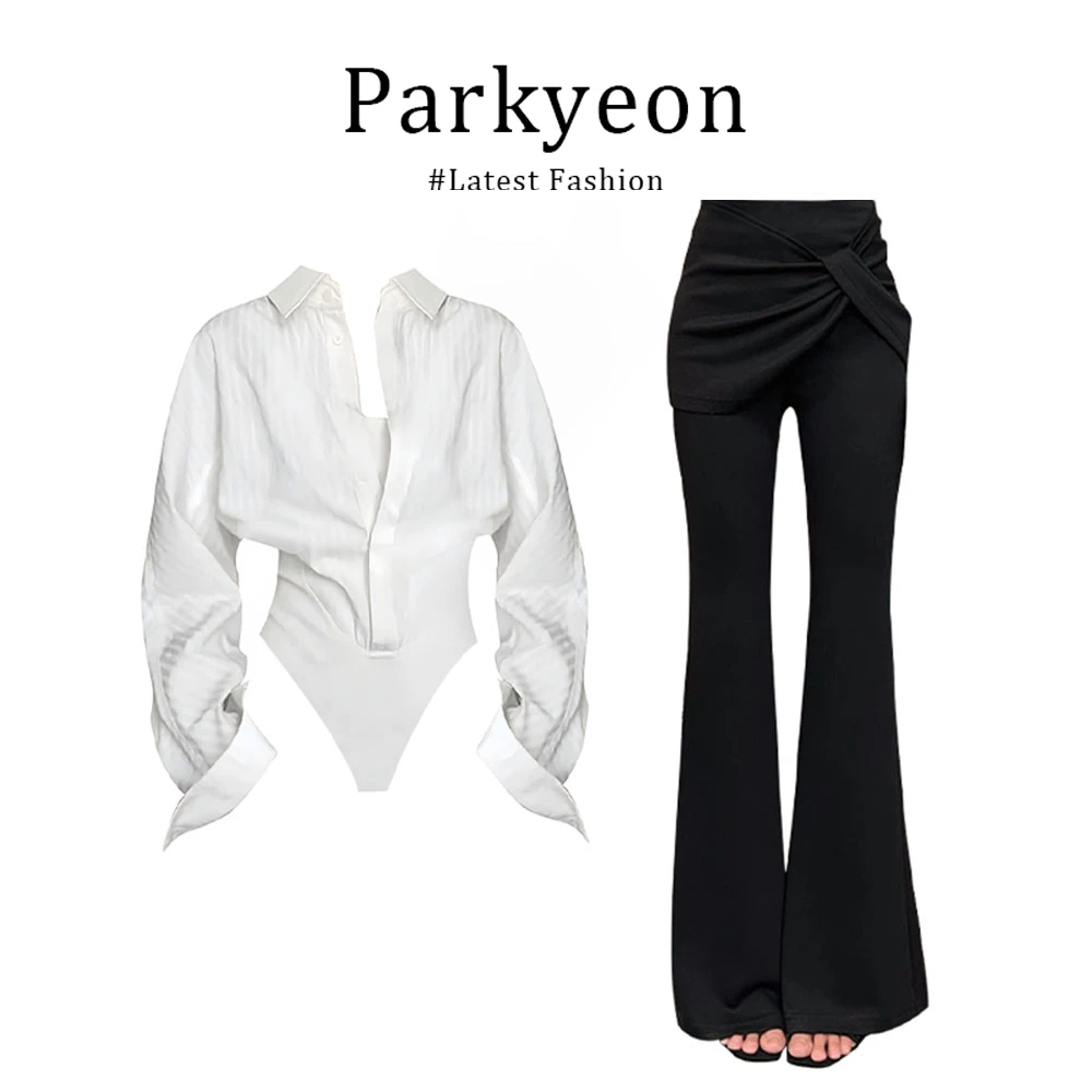 parkyeon早秋网红洋气炸街女装假两件连体衬衫高腰显瘦微喇西装裤