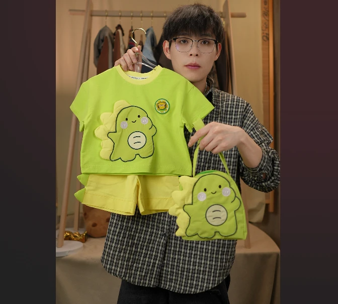 【麦田】2025夏季新款刺绣小恐龙款可爱男女宝套装