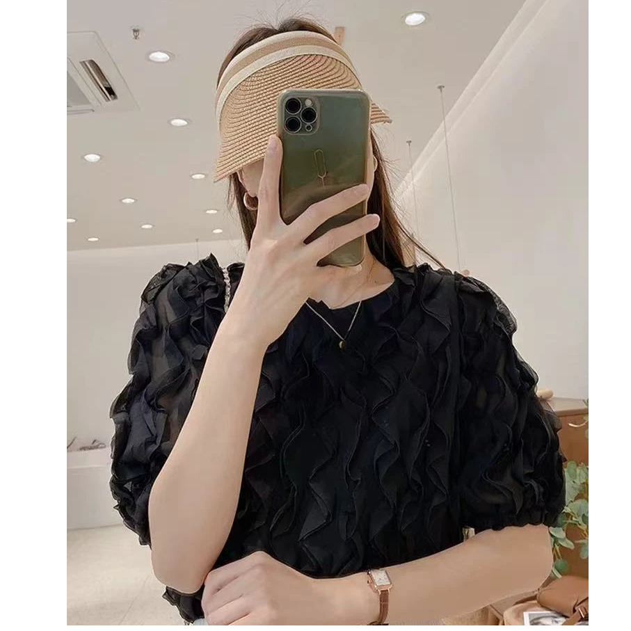 【晨浠定制】新款时尚设计感法式温柔风蕾丝泡泡袖上衣1915