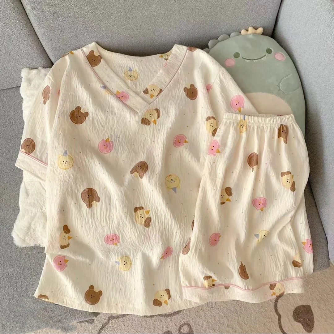 夏季云朵棉睡衣女短袖短裤套装2025新款V领睡衣可外穿家居服套装