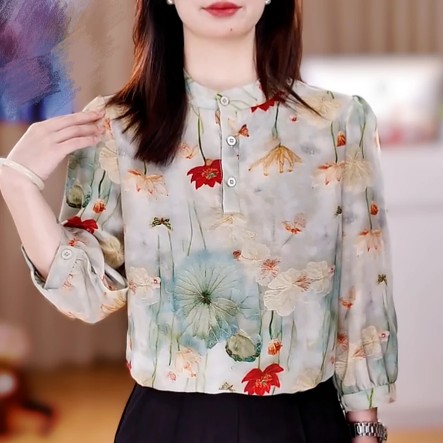 女装气质印花圆领套头中袖小衫夏季新款时尚休闲遮肉透气衬衫