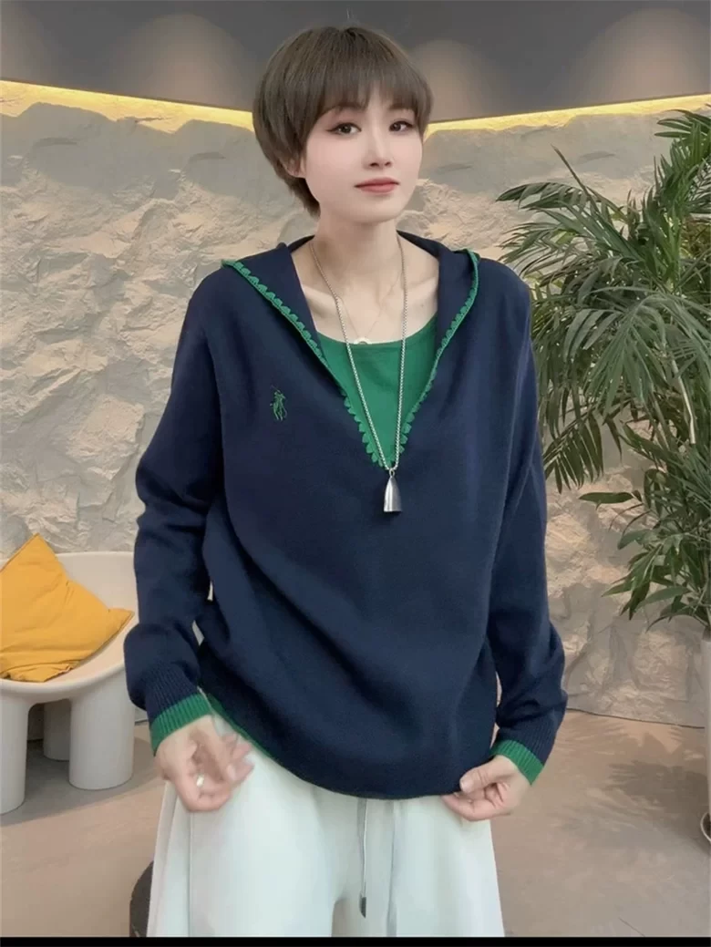 2025秋冬新款小马刺锈连帽撞色假两件针织衫女百搭长袖毛衣上衣潮