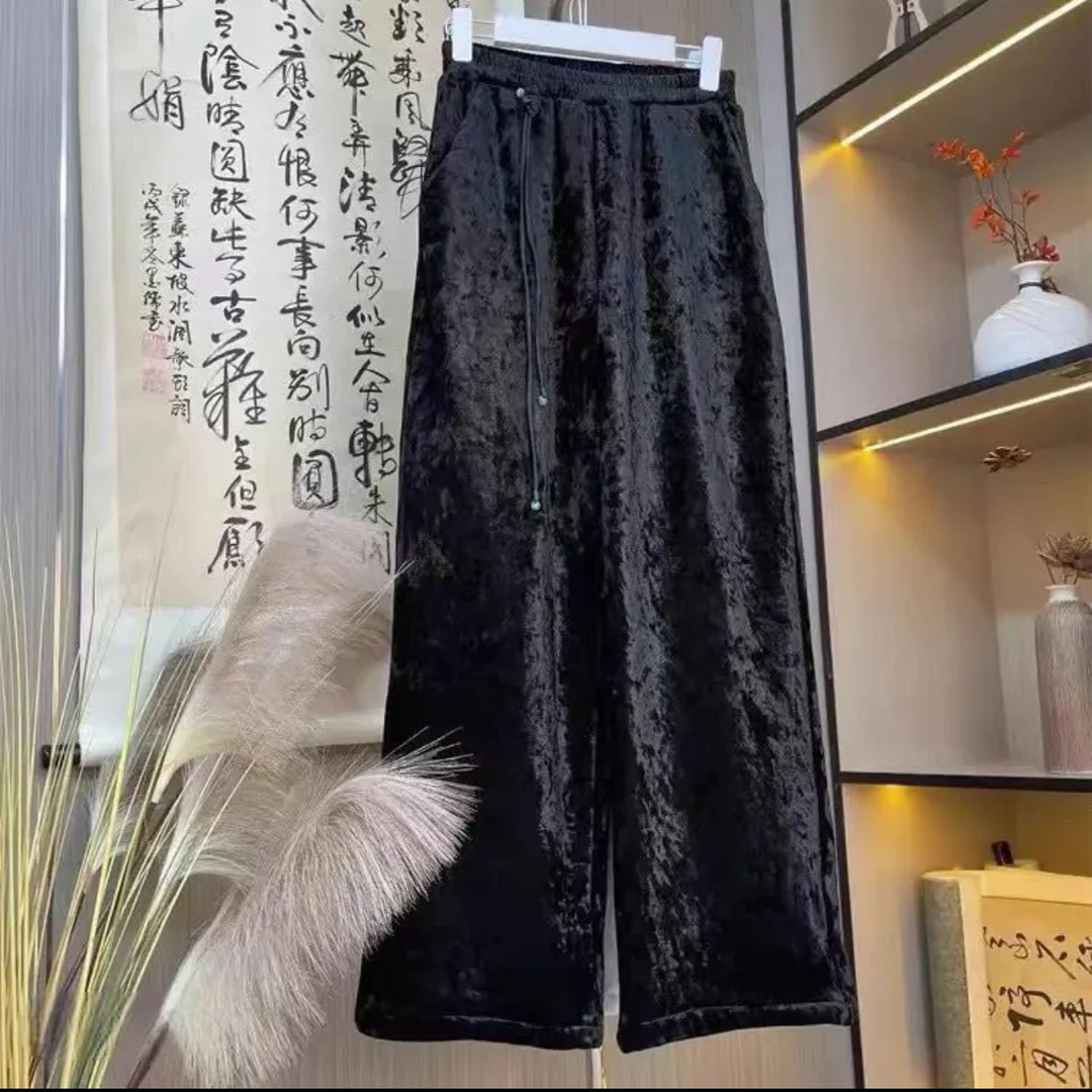 新中式丝绒裤子女2025春季新款国风高级感直筒休闲垂感宽松阔腿裤