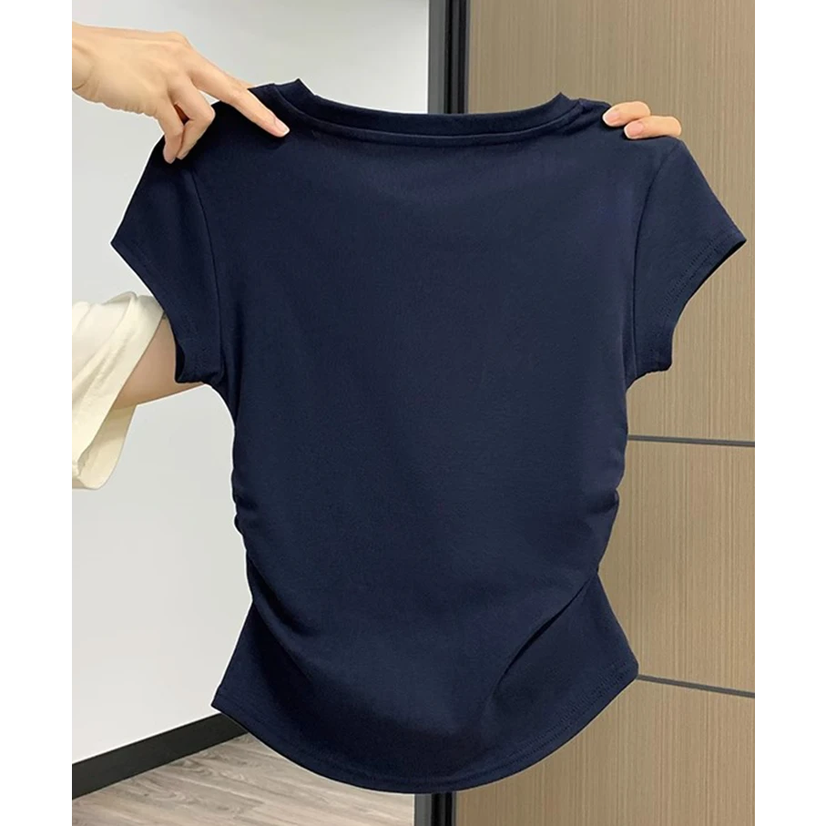 【UBKA】正肩简约纯色圆领短袖T恤女夏季新款褶皱收腰修身显瘦上衣