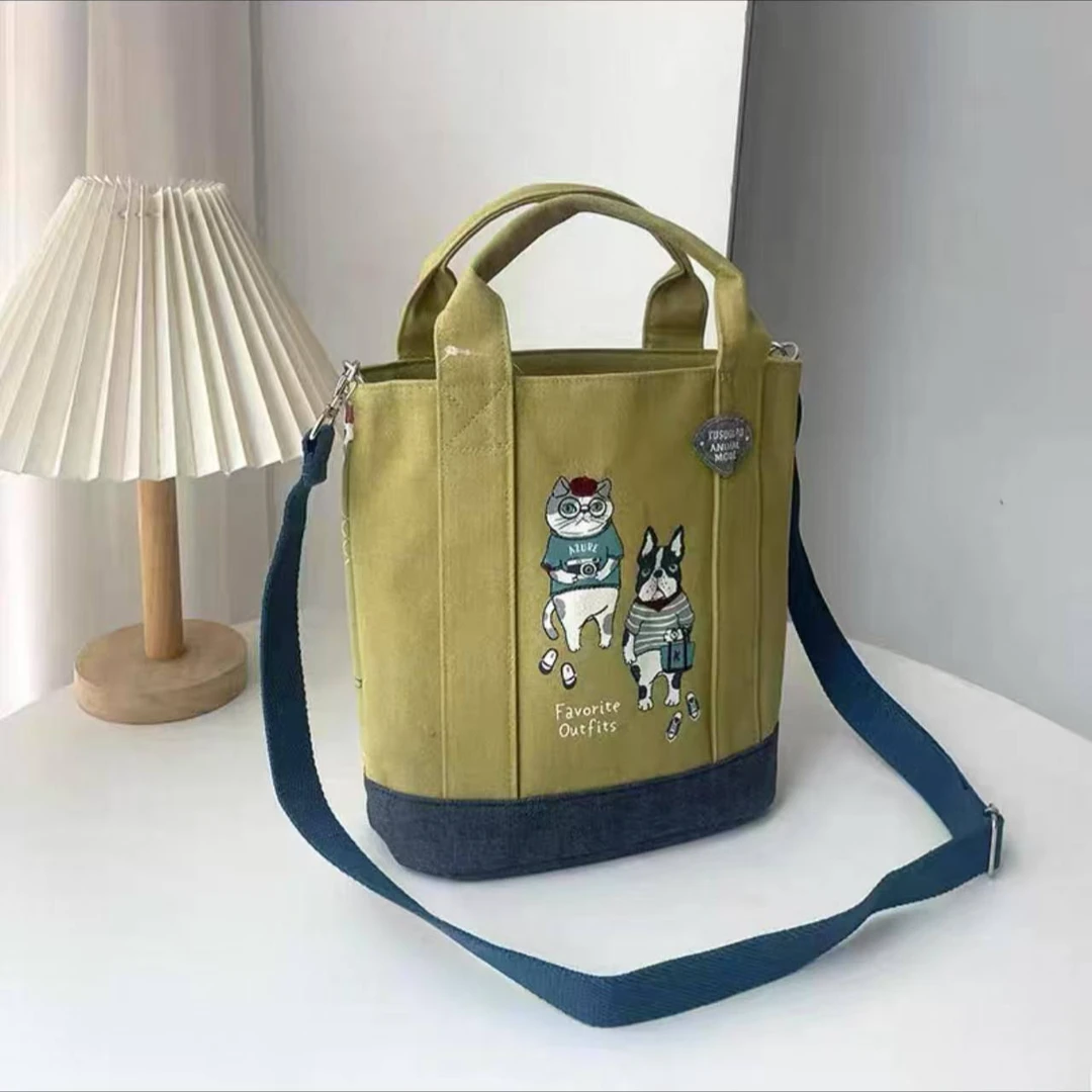 Z934 日本kusuguru刺绣猫咪法斗单肩包卖件芥末黄7041-1