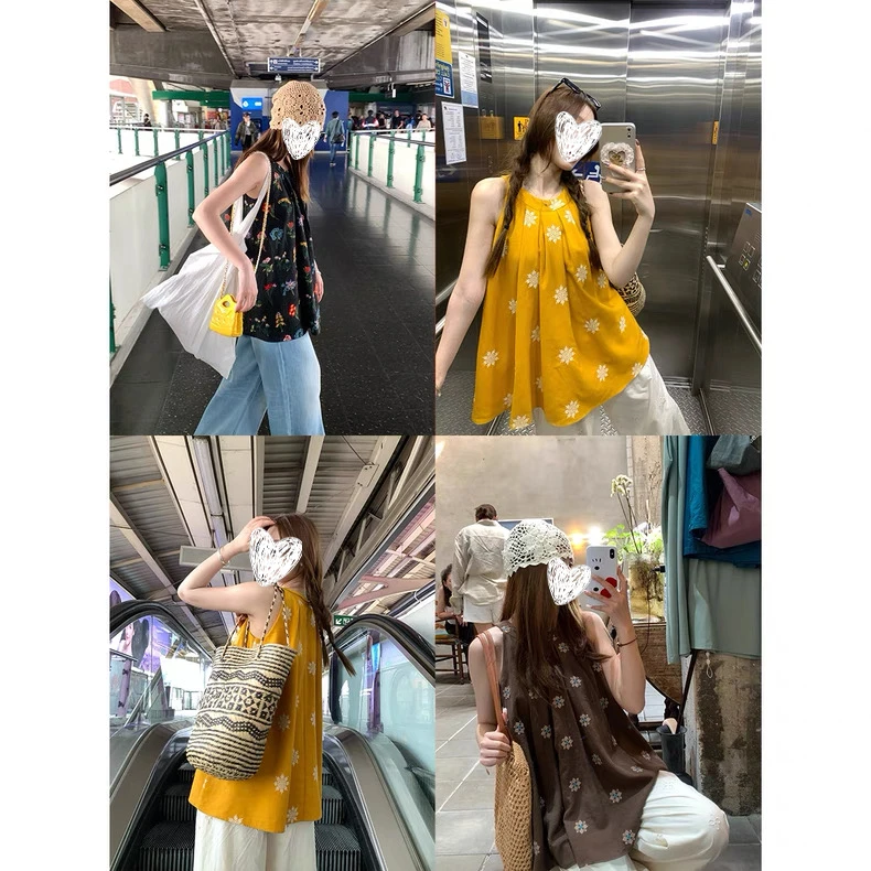 夏日多巴胺穿搭刺绣花朵挂脖背心2025流行爆款露肩无袖衬衫女装