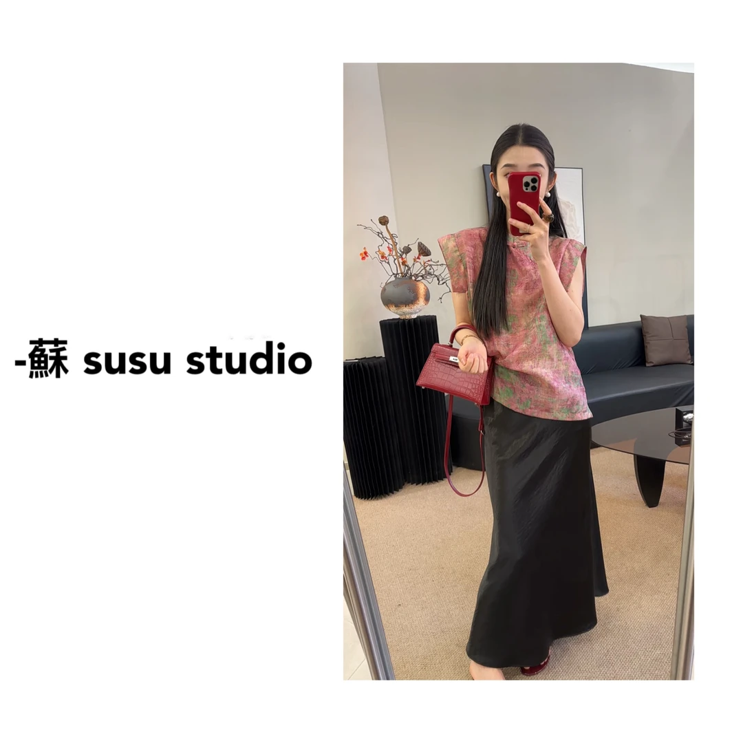 SU 新中式国风提花晕染飞飞袖衬衫夏撞色洋气减龄上衣   H0308