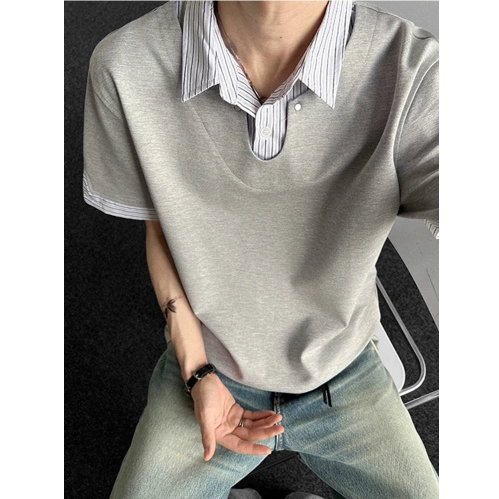 老钱风假两件polo衫短袖男夏大码300斤正肩衬衫领拼接上衣ins潮牌