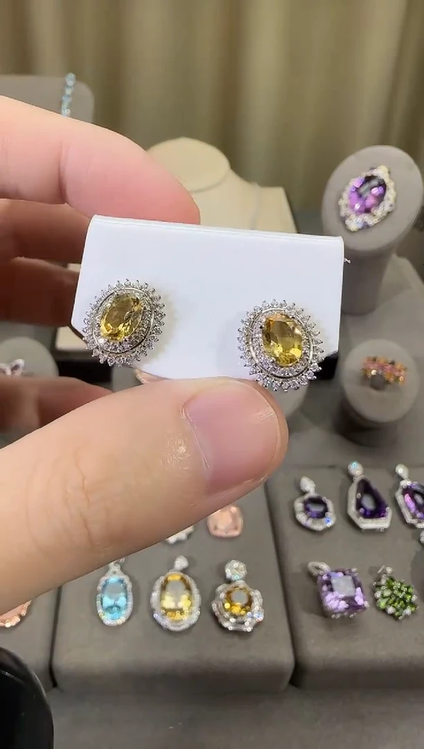 银S925镶嵌耳饰黄晶6*8mm耳钉简约款