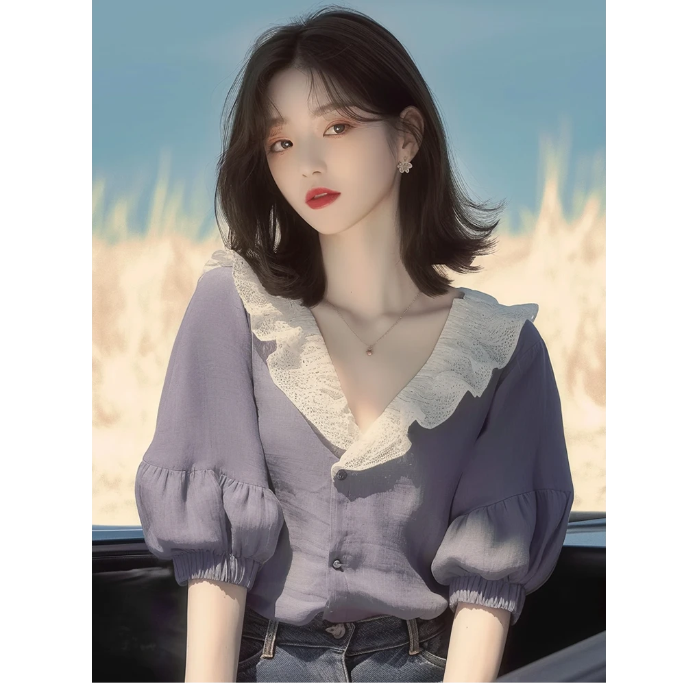 夏季流行爆款设计感漂亮上衣小个子韩系甜美泡泡袖V领衬衫女