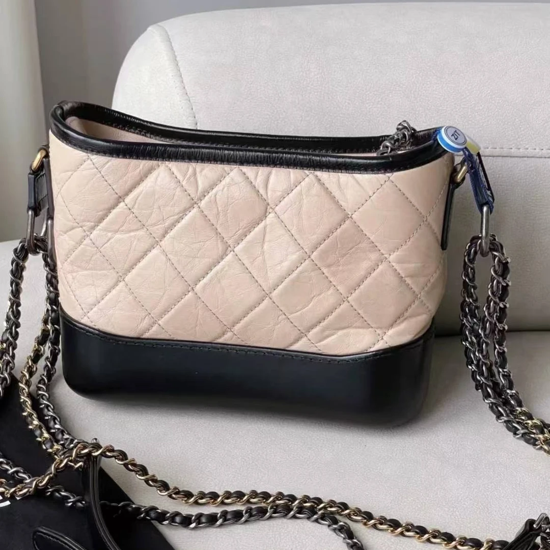 95新 Chanel/香奈儿 蔚蓝中古/奶茶色拼黑 流浪小号 单肩包  25开