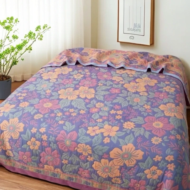 【彩色花朵】纱布盖毯多功能加厚大床夹棉布床绗缝精梳奶绒