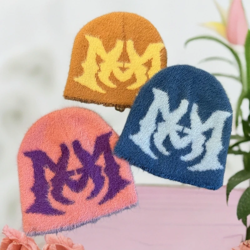 新款仿貂毛针织提花帽爆款针织帽欧美流行嘻哈帽字母帽