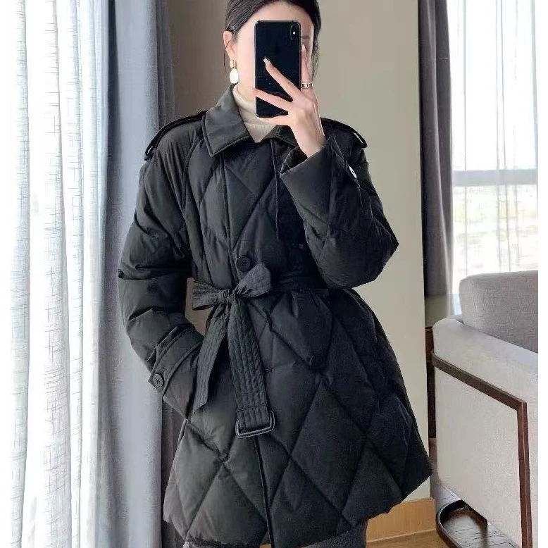 2025冬季新款小香风韩版收腰菱格轻薄中长款显瘦风衣棉服外套女