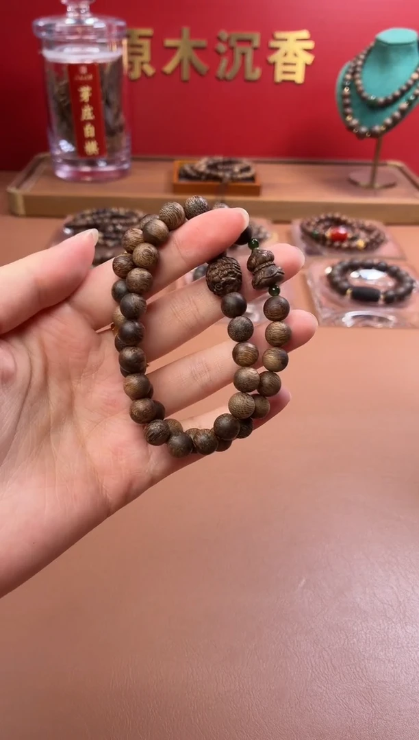 沉香手串沉水越南富森红土瘿子瘤疤08两圈设计款