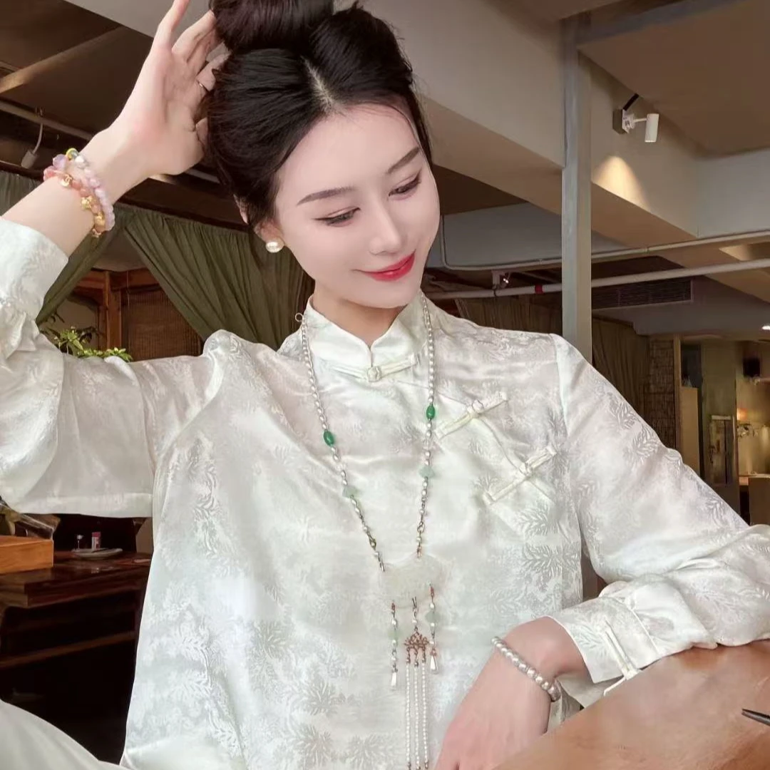 设计师款白色醋酸打底中式衬衫盘扣立领百搭中国风气质斜襟