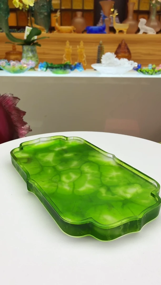 手工艺品琉璃绿色如意干泡台26*14.5*2.5公分冰冻烧