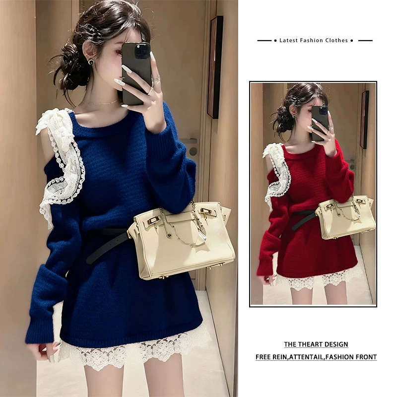 韩系氛围感蕾丝花边针织上衣女2025秋冬新款甜美风软糯厚款毛衣