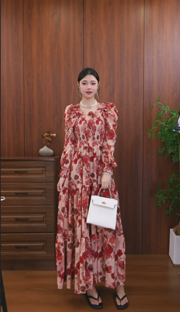 【987】石榴红长裙长袖碎花慵懒仙女风大摆裙连衣裙春秋季女长裙