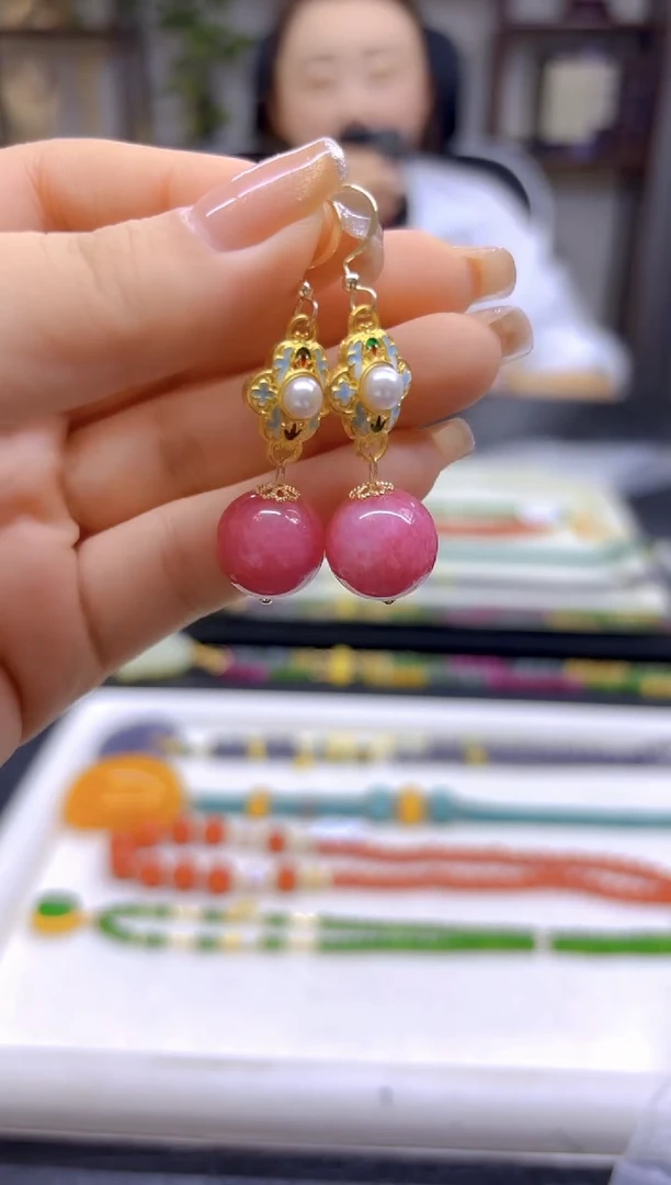 菱锰矿（红纹石）14K金镶嵌耳饰DIY款E798