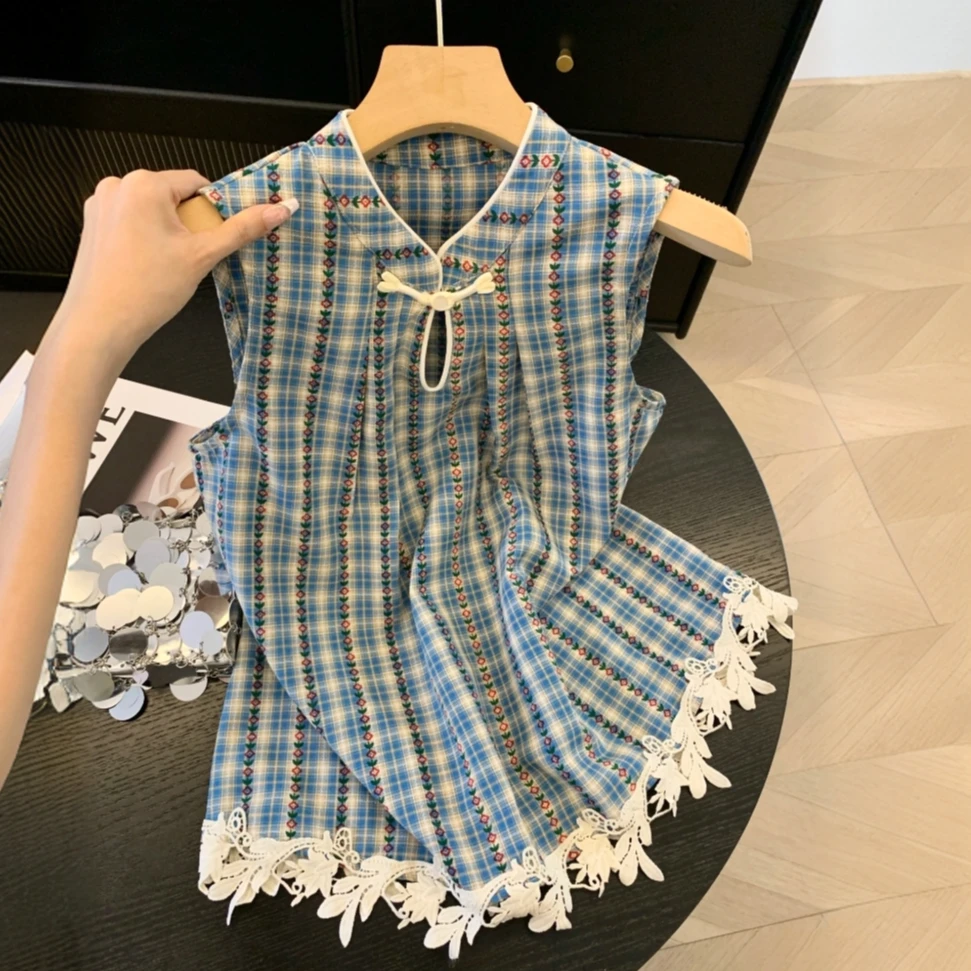 复古格纹蕾丝花边背心衬衫女夏季新款衬衣新中式森系无袖盘扣上衣