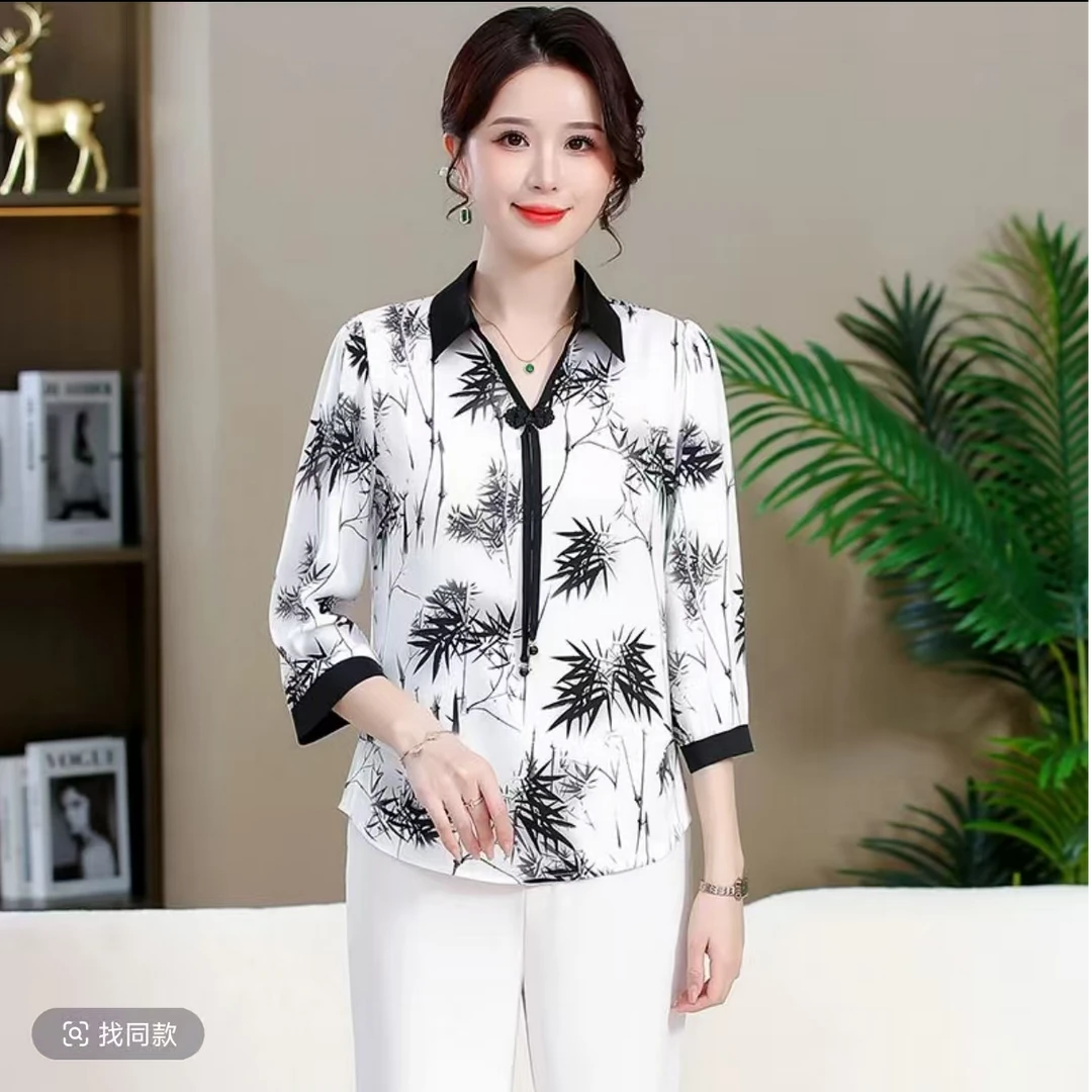 437-中老年女装植物花卉方领女士休闲轻奢立领常规T