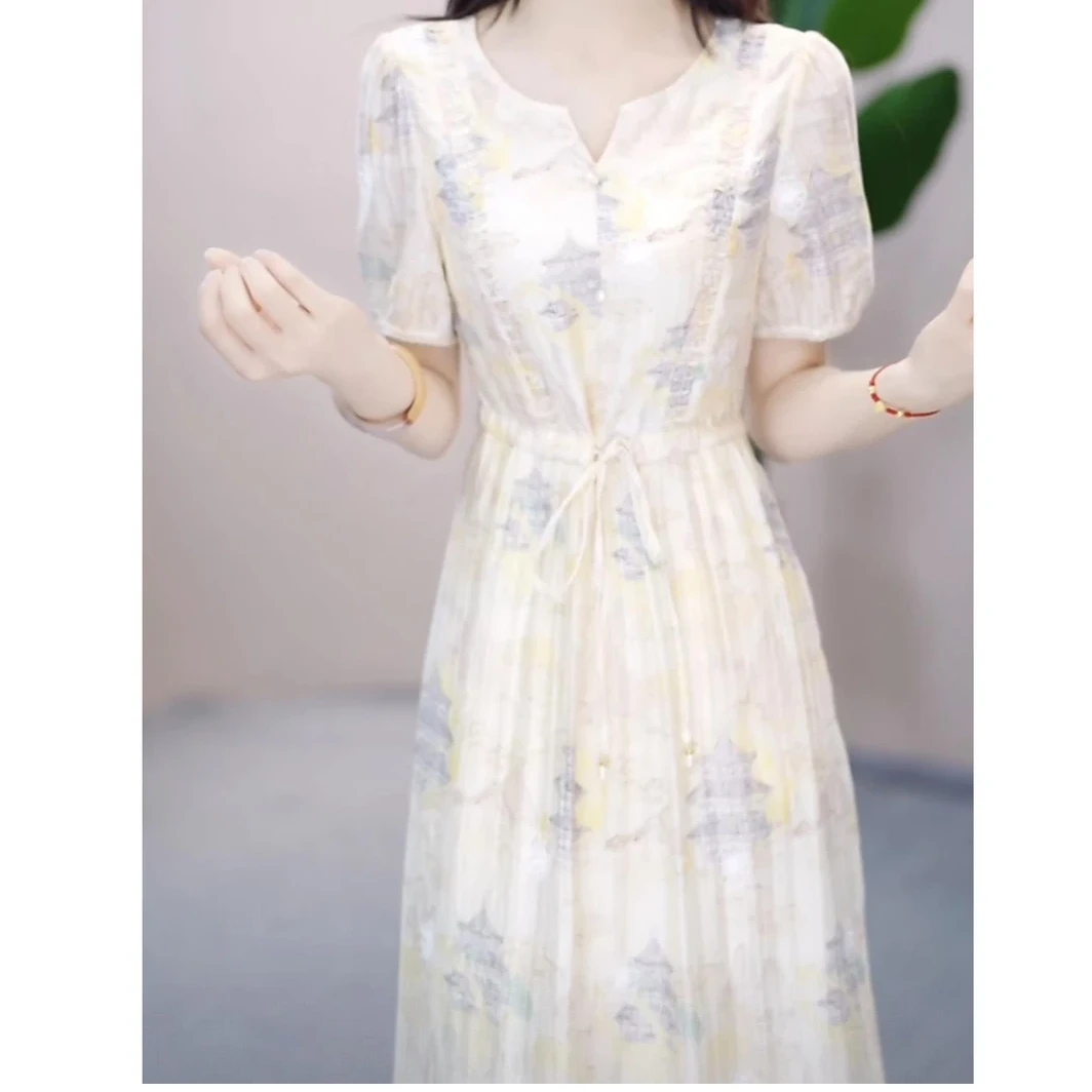 高级时尚洋气礼服裙2025夏季新款系带收腰减龄遮肉裙子5182#