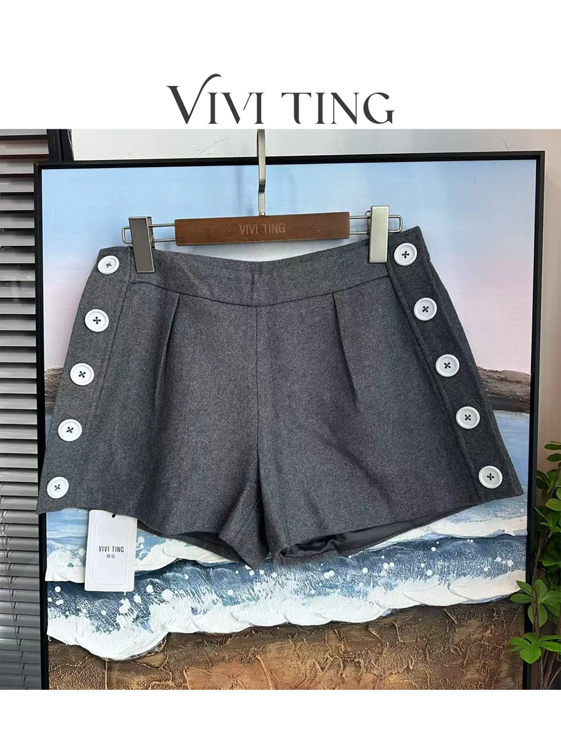 【VIVI·TING】婷姐推荐时尚高级感灰色设计款双排扣短裤F565