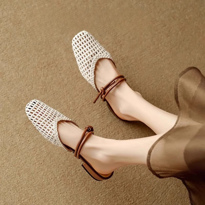 【品牌撤柜】法式拼色一字带镂空编织平底包头拖鞋女2025夏半拖鞋