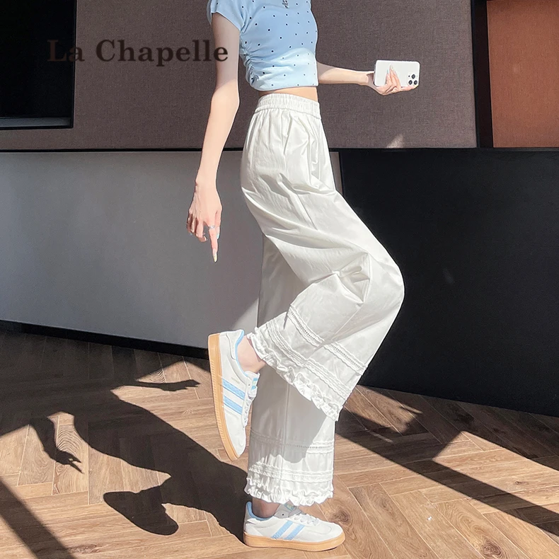 拉夏贝尔蕾丝花边阔腿九分裤女2025夏季薄款宽松直筒小个子休闲裤