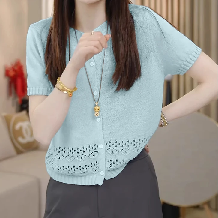 针织短袖T恤女2025夏季新款气质镂空开衫上衣