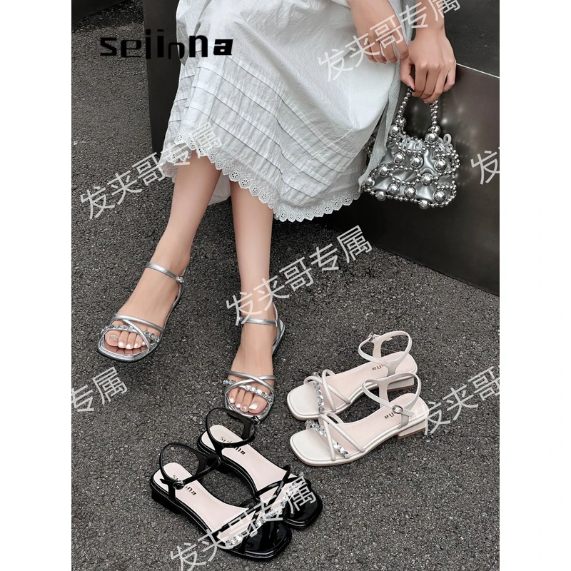 （冰雪）2025新款夏季法式一字带仙女风水钻低跟凉鞋60752-1