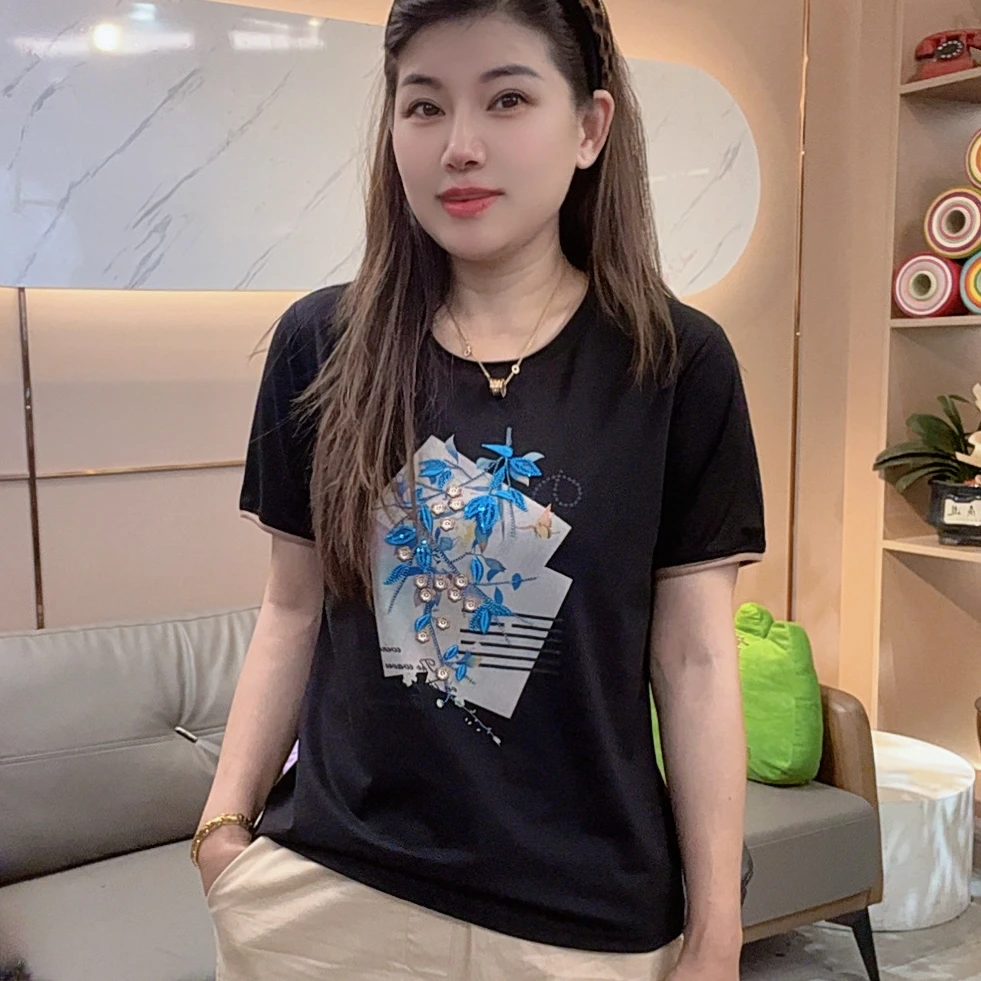 怡特美【锦绣前程】夏季兰精莫代尔+棉重工艺刺绣圆领短袖T恤259856