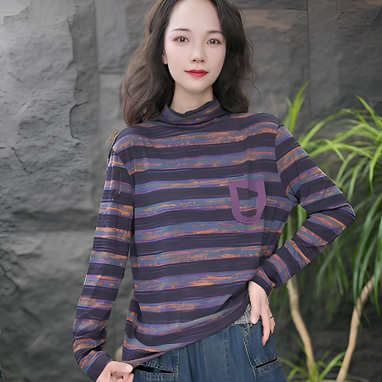 JJ【打底衫】休闲风扎染短袖半高领常规T恤圆领打底衫秋冬时尚
