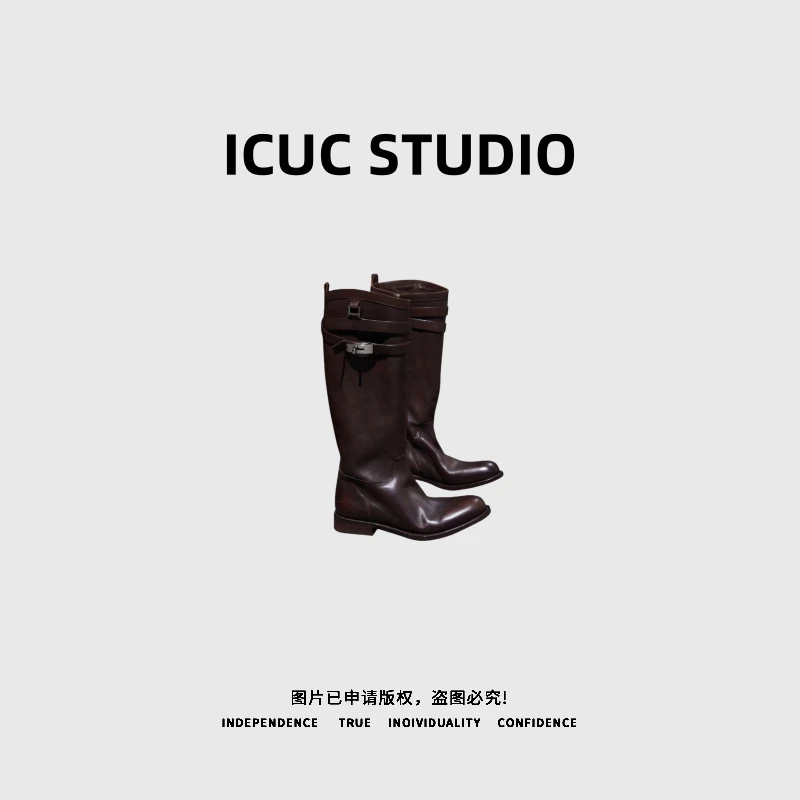 ICUC STUDIO-【高奢中世纪骑士靴】水洗植鞣软底金属扣高筒靴838