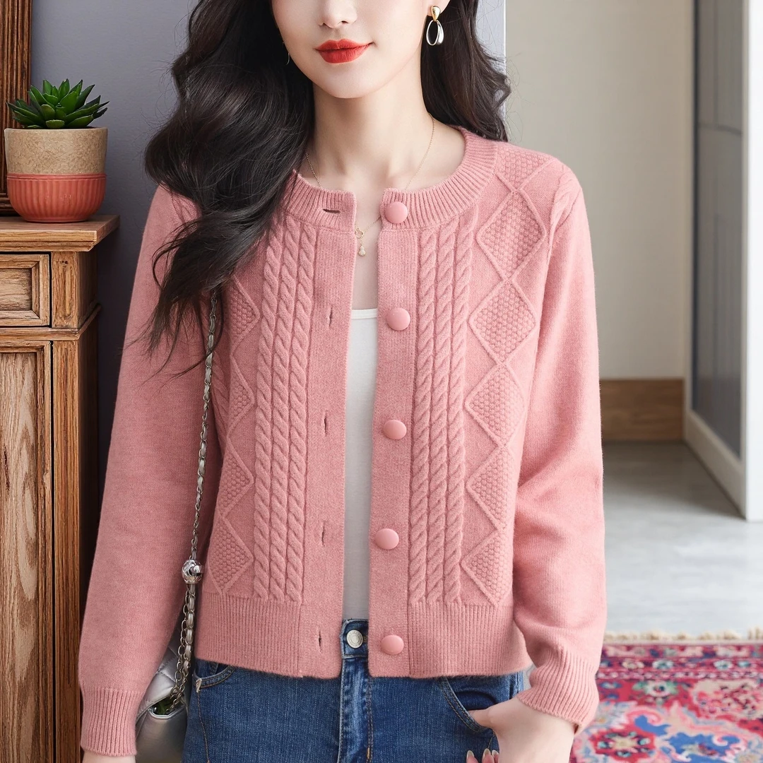 纯100羊绒衫针织开衫女2025年春秋新款女士妈妈时尚毛衣宽松外套