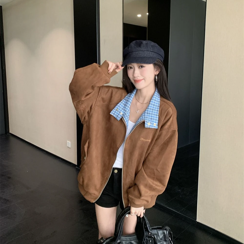 女秋季高级感格子拼接拉链长袖外套宽松上衣复古美式夹克短外套潮
