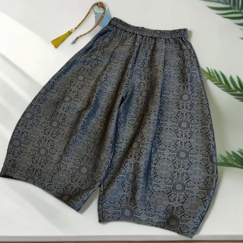 知羽.香云【兰韵韶华】香云纱老织锦松紧腰经典阔版女裤ZY258808