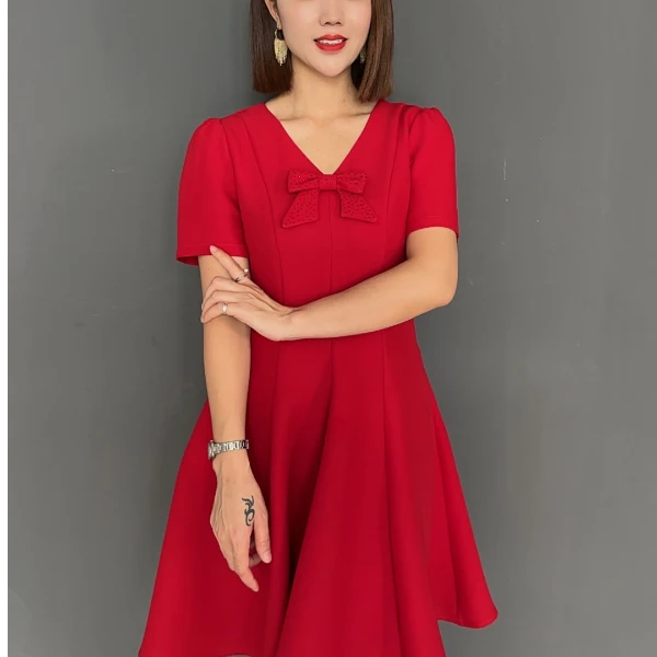 V612748夏季欧货小香风小众V领短袖蝴蝶结收腰显瘦A字连衣裙