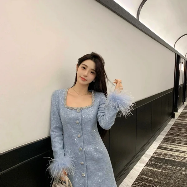 SP原原单单冰蓝色U领气质手工亮片重工一排扣显瘦春夏季连衣裙